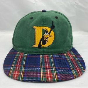 Vintage Looney Tunes Daffy Duck Plaid Green Six Flags Hat Cap 90’s Snapback